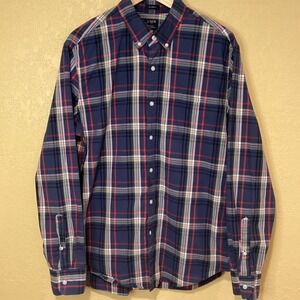 J. Crew Factory Men's Large Long Sleeve, Button Up Collared Blue Plaid‎ Shirt